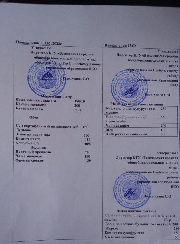 Меню на 13 февраля