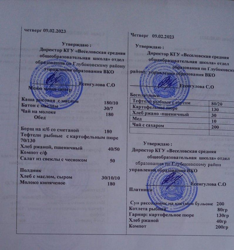 Меню на 9 февраля